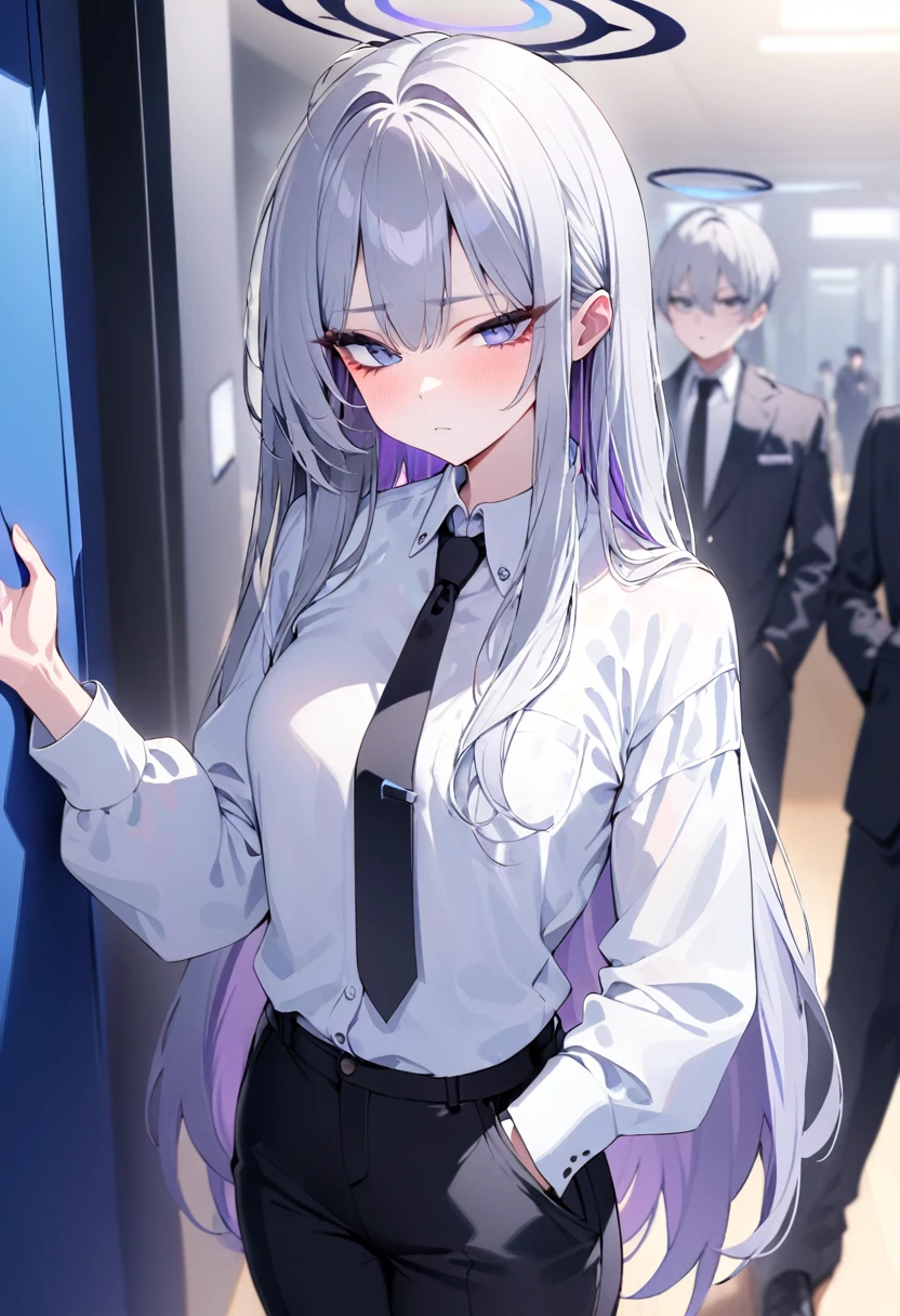 (Highest quality), (High resolution), (masterpiece), (Very detailed), (Bright saturation), (Very detailed目), (Very detailed手), Long hair, Gray Hair, (Purple and Blue Odd-Eye), Blue Archive Style, １People Girls, Brandishing a black sword in his right hand, Left hand in pocket, Girl, (Black long coat, White shirt, Black tie, Black trousers), Show the whole body, Expressionless, Vivid saturation, Black Halo