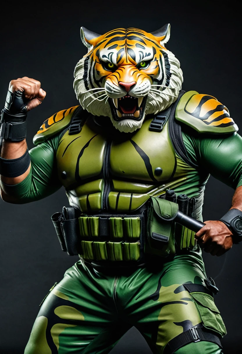 (a dark-skinned bearded fat old man in a bulky green army camouflage zipper diver suit) (wearing proportionate realistic roaring tiger mask that show the wearer eyes), raising fist, carrying a gun holster on his right hip, muscular, Basuki Abdullah, sumatraism, muscular physique, imposing stature, action, a character portrait, heroic, fierce, snarling, best quality, jungle
