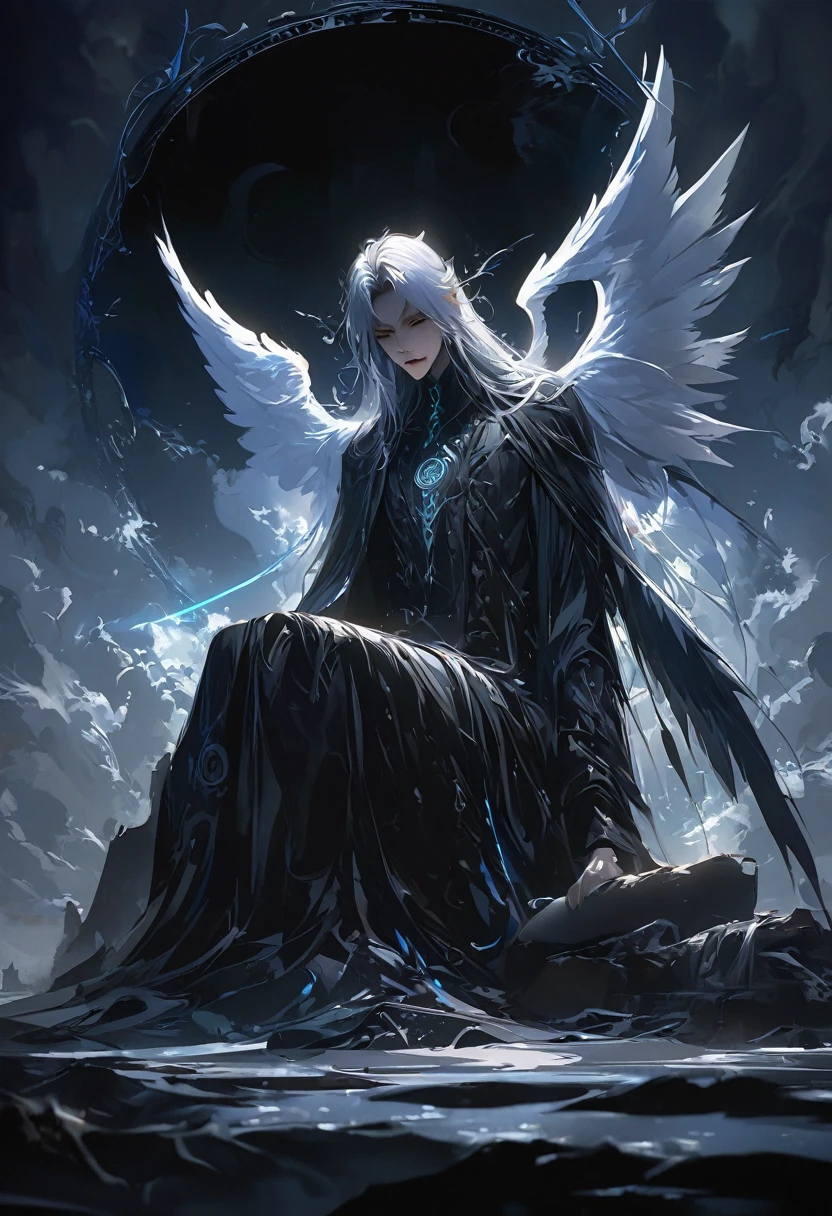 Ten Aspects of Longevity,A boy in the void,Curled up position,There are ten magic circles around the boy.,masterpiece, best quality: 1.2), Underground Angel, Folding wings, Holding a blue silver cross, moonlight, heavily clouded, Dark fantasy illustration style, Dark Arts, High contrast, Dark Shadows, Atmospheric perspective , Melancholic colors, Composition, Volumetric Lighting, number, Brushstrokes, Dramatic Lighting, Low Angle, Surrealism, Very detailed, Surrealism
