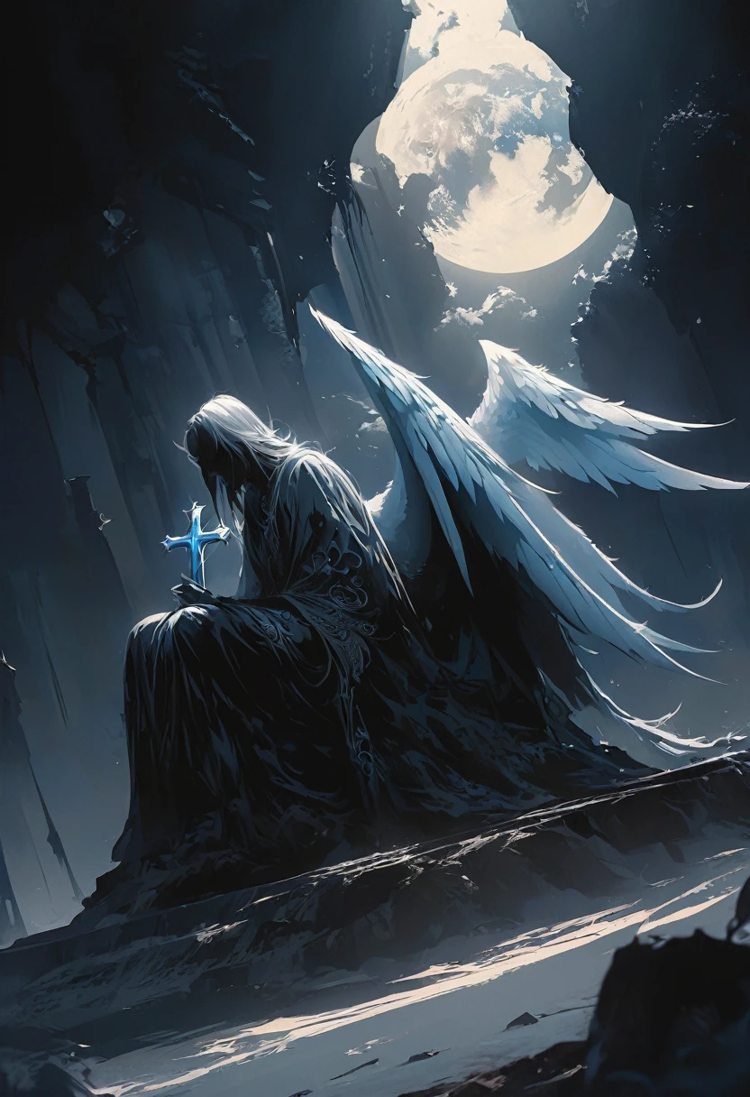 Ten Aspects of Longevity,A boy in the void,Curled up position,There are ten magic circles around the boy.,masterpiece, best quality: 1.2), Underground Angel, Folding wings, Holding a blue silver cross, moonlight, heavily clouded, Dark fantasy illustration style, Dark Arts, High contrast, Dark Shadows, Atmospheric perspective , Melancholic colors, Composition, Volumetric Lighting, number, Brushstrokes, Dramatic Lighting, Low Angle, Surrealism, Very detailed, Surrealism