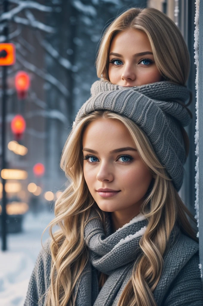 professional portrait photograph of a gorgeous Norwegian girl in winter clothing with long wavy blonde hair, sultry flirty look, gorgeous symmetrical face, cute natural makeup, wearing elegant warm winter fashion clothing, ((standing outside in snowy city street)), stunning modern urban environment, ultra realistic, concept art, elegant, highly detailed, intricate, sharp focus, depth of field, f/1. 8, 85mm, medium shot, mid shot, (((professionally color graded))), bright soft diffused light, (volumetric fog), trending on instagram, hdr 4k, 8k