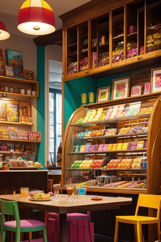 Café inside, racks with sweets, bright colors, paintings, a lot of sweets,