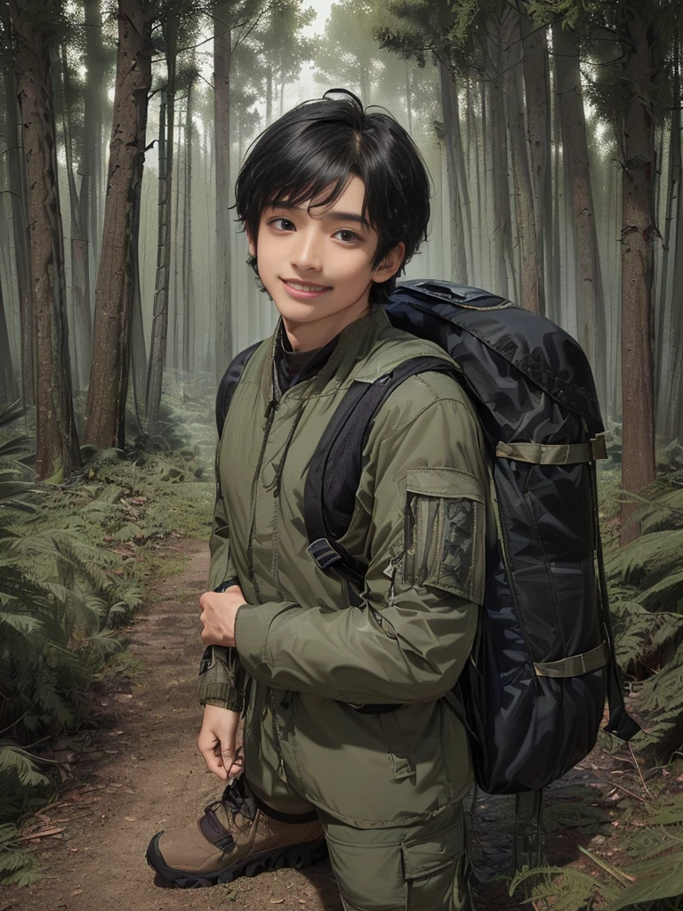 (((Masterpiece))), (high quality), one Japanese boy, 18 years old,(tall and thin,sleepy droopy eyes, long face, (thin cheeks:1.2),(black shaggy short hair,blank expression,smile:1.5),(Trekking wear,khaki outdoor jacket,Olive cargo pants,Black trekking shoes,Black Rucksack,Full body portrait:1.5),(The background is the forest:1.5),