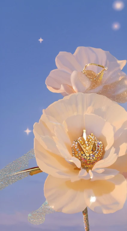 Create a flower that represents a light blue unicorn and golden sparkles, with precious stones, air, The flower is linked to a diamond ring that has precious stones, 