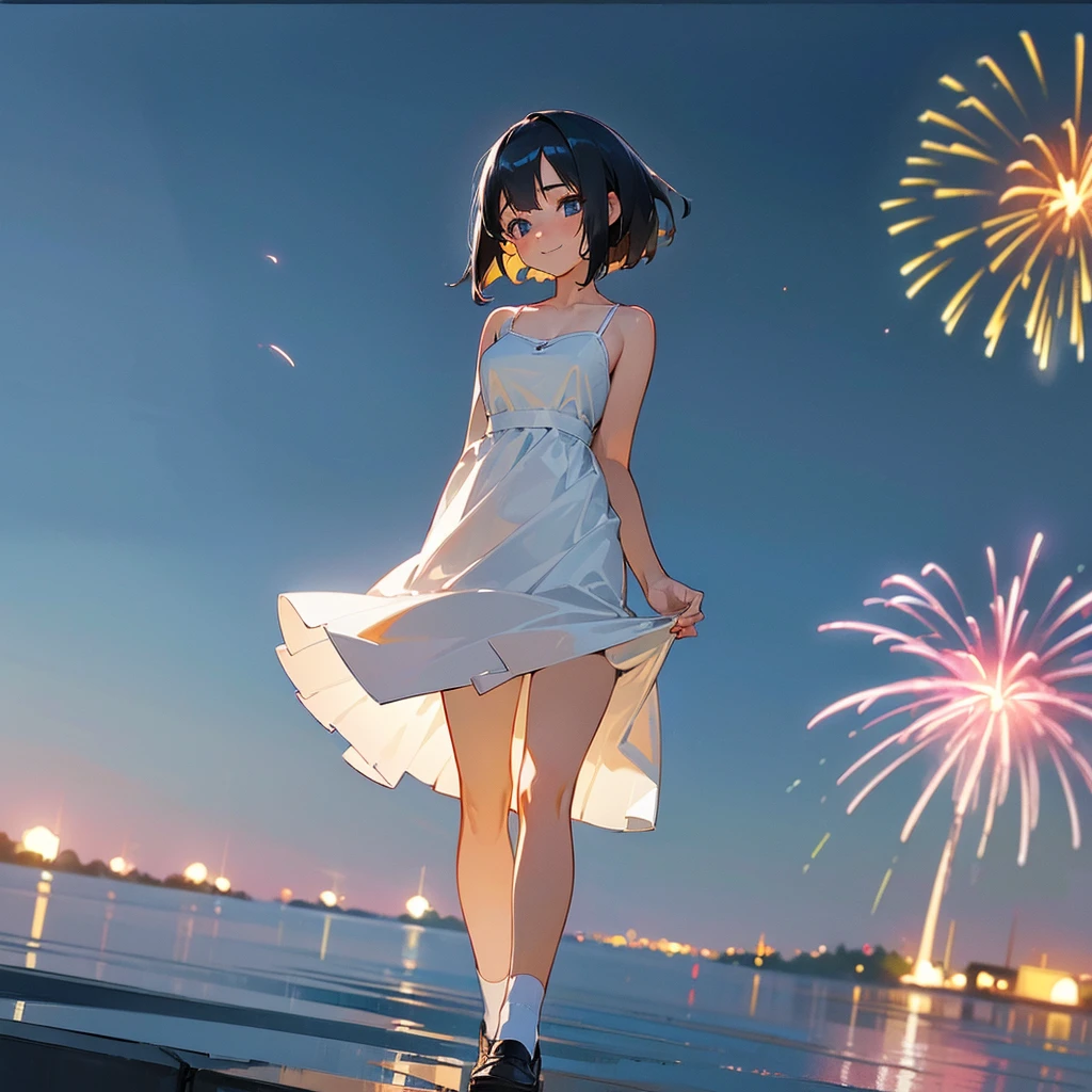 (high quality, High resolution, Very detailed, reality:1.37), Peaceful atmosphere, (firework), Teenage girl standing alone, (my breasts are big.), Beautiful details, Cute Smile, (Black bob hair), White camisole dress, White socks, loafers.