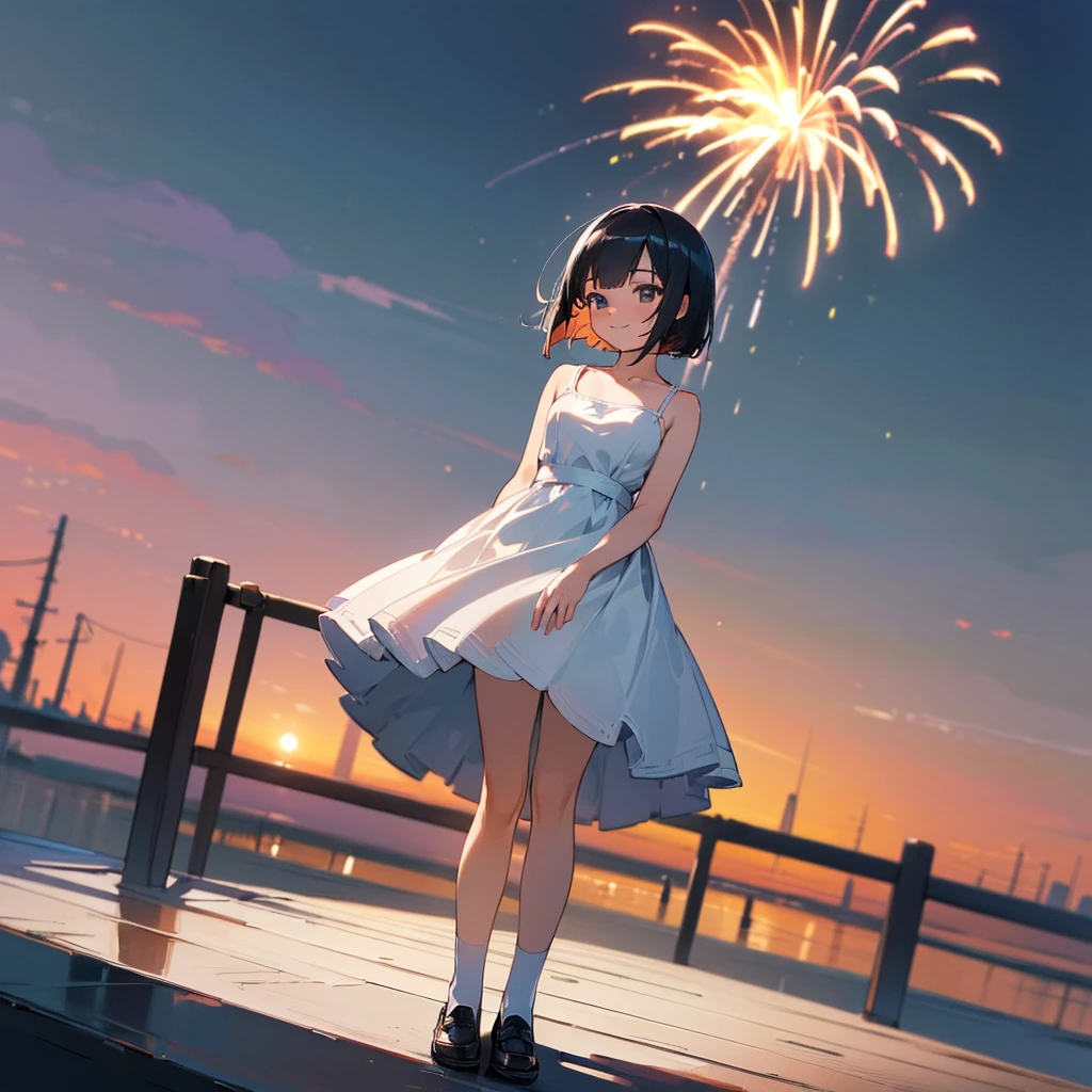 (high quality, High resolution, Very detailed, reality:1.37), Peaceful atmosphere, (firework), Teenage girl standing alone, (my breasts are big.), Beautiful details, Cute Smile, (Black bob hair), White camisole dress, White socks, loafers.