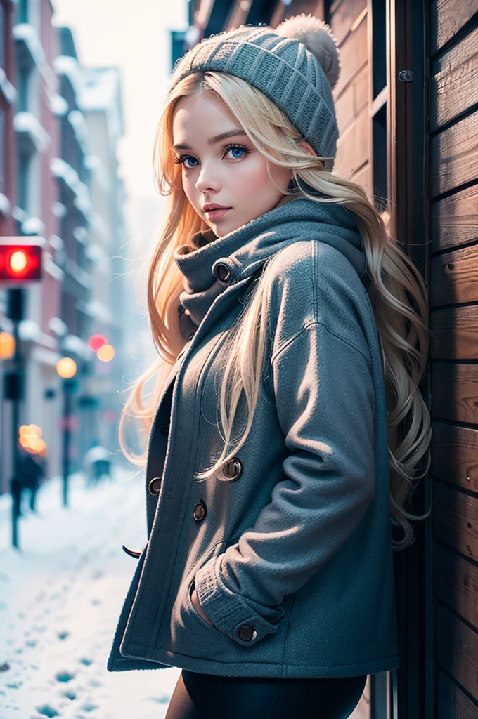 professional photography of a beautiful norwegian girl in winter clothes with long wavy blonde hair, sensual and seductive look, beautiful symmetrical face, beautiful natural makeup. AND. A round ass, wearing chic warm winter fashion clothing, ((standing outside on the snowy city street)), impressive modern urban environment, ultra realistic, conceptual artwork, chic, highy detailed, intricate, sharp focus, Depth of field, f/1. 8, 85 mm, medium shot, mid shot, (((professional color grading))), soft and bright diffused light, (Volumetric fog), Trends on Instagram, HD 4k, 8K