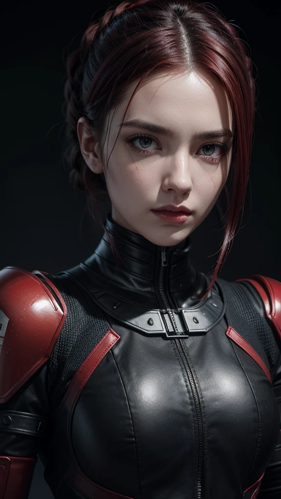 Woman with black and red modern military armor and black and red sleek hair 3d render, cinematic, fashion, painting, portrait photography, conceptual art, photo, poster