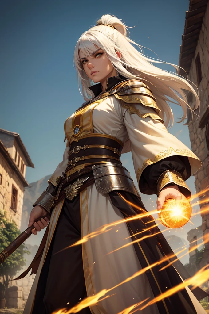 Man, 30 years,white hair, Yellow brown eyes, warrior witch costume, Imposing, two meters, Village background.