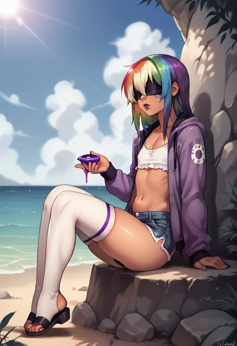 A feminine looking man, femboy, rainbow hair, disordered, hair that covers the eyes, paint black lips, alegrey, Slim and feminine body......., thick thighs, flat chest, her ass is very big, tanned skin, very small purple jacket, fitted white top, mini shorts, rainbow long stockings, sandals, sitting on a rock, beautiful beach, bright sea, sunlight, side view, Looking at the sky 