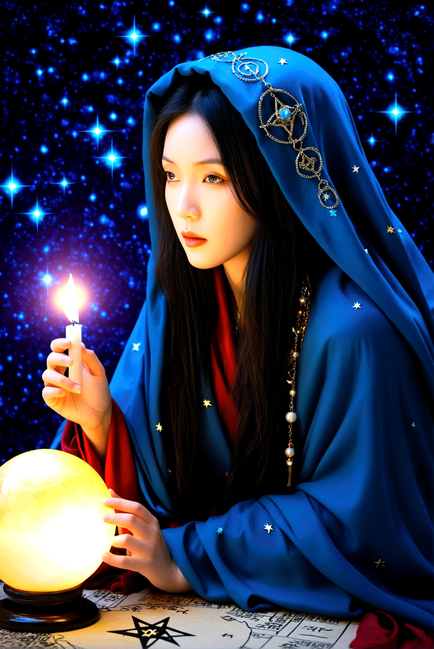 Astrologer, mystery, ancient, Starry sky background, Hold a crystal ball, Staring into the distance, The cloak flutters, night, Candlelight, ancient书籍, Star motif, Magic Runes, mystery氛围, Detailed description, High quality details, Artistic effects