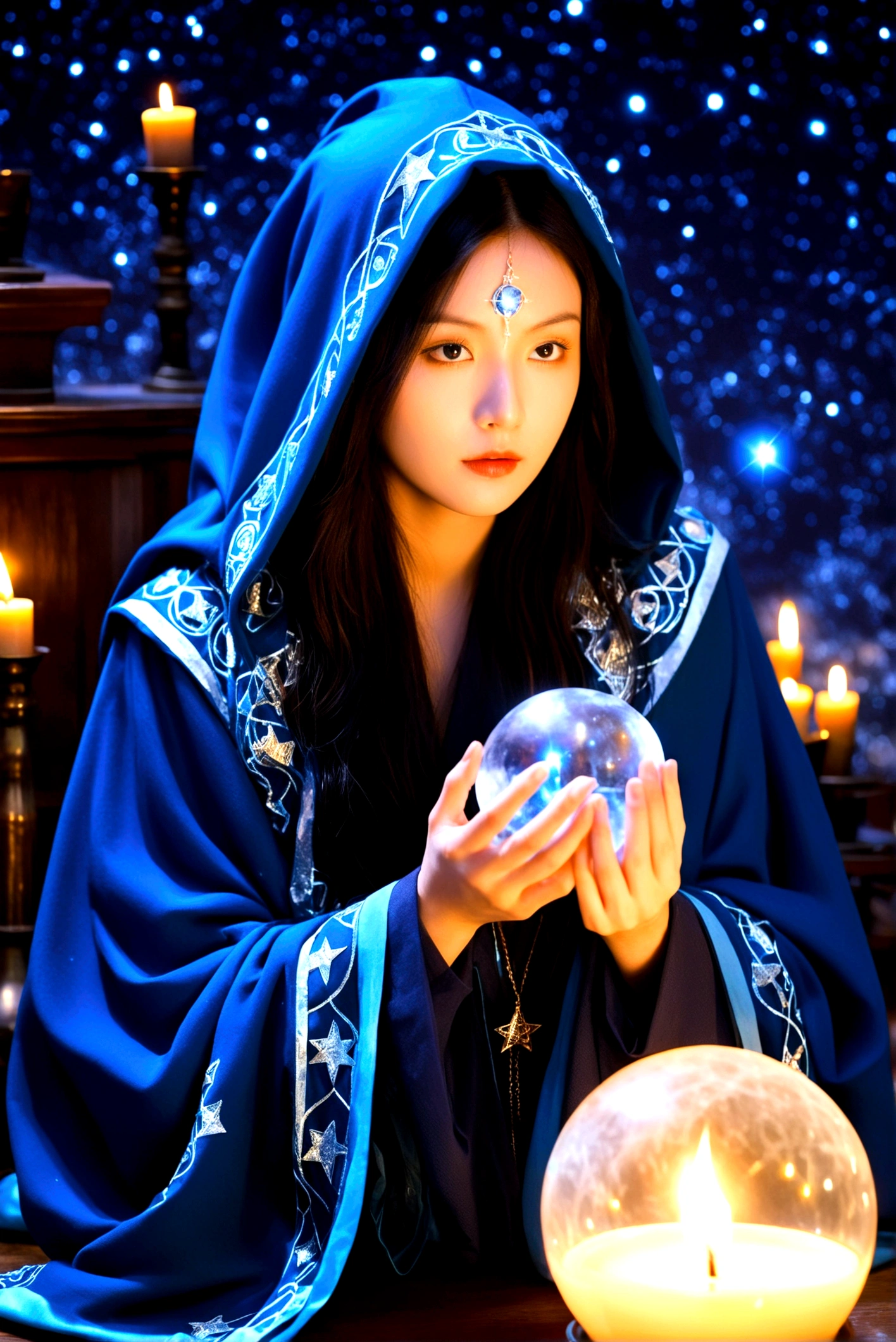 Astrologer, mystery, ancient, Starry sky background, Hold a crystal ball, Staring into the distance, The cloak flutters, night, Candlelight, ancient书籍, Star motif, Magic Runes, mystery氛围, Detailed description, High quality details, Artistic effects