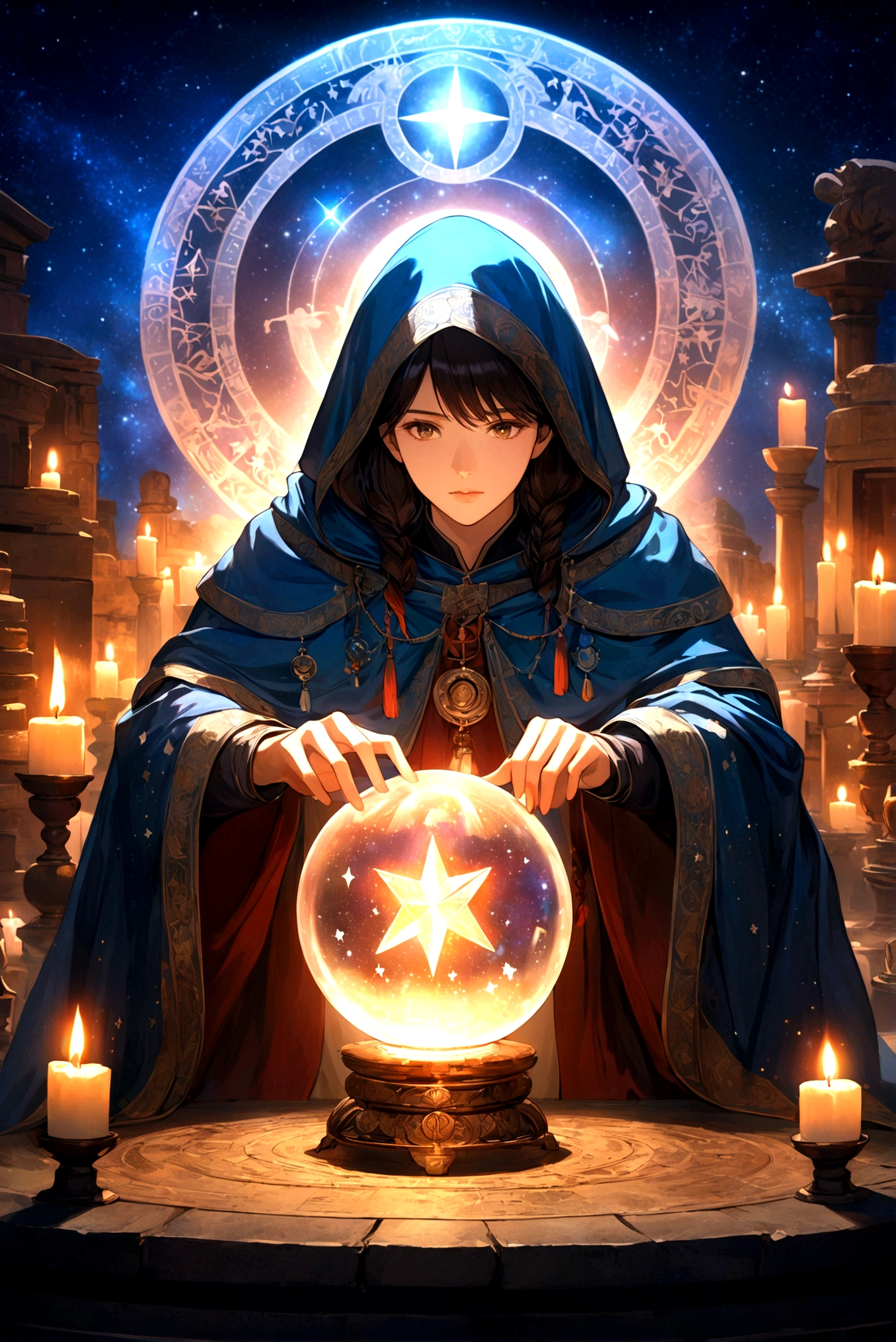 Astrologer, mystery, ancient, Starry sky background, Hold a crystal ball, Staring into the distance, The cloak flutters, night, Candlelight, ancient书籍, Star motif, Magic Runes, mystery氛围, Detailed description, High quality details, Artistic effects