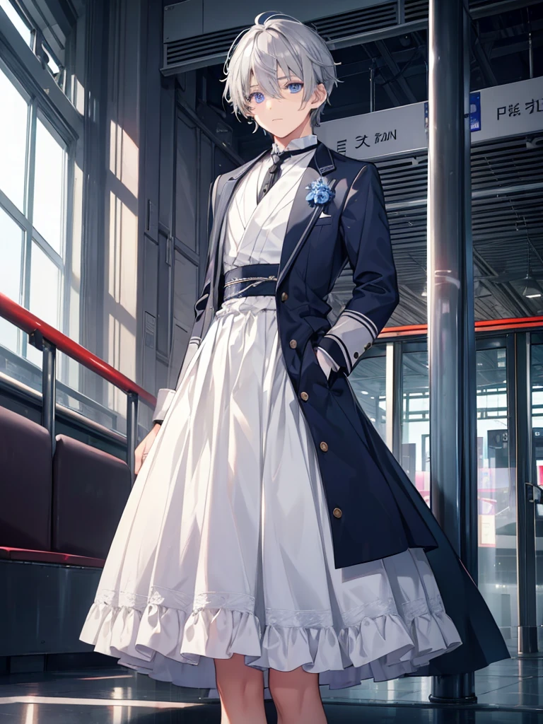 1boy, ((grey hair)), beautiful boy, ((indigo color eyes)), idol costume, dress, airport
