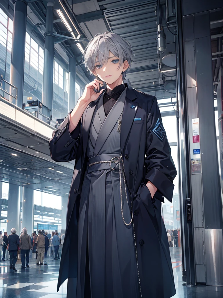 1boy, ((grey hair)), beautiful boy, ((indigo color eyes)), idol costume, dress, airport