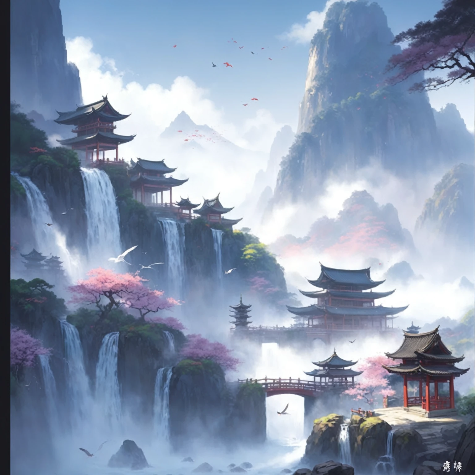 There is a painting,The painting shows a waterfall and a pagoda in the mountains, Ross Chen. Landscape background, by Qu Leilei, Onmyoji detailed art, author:Yang J, Traditional Japanese concept art, Chinese Fantasy, Anime Landscape, Landscape Artwork, g liulian art style, anime background technology, background technology, A beautiful artistic illustration, 美丽的Anime Landscape