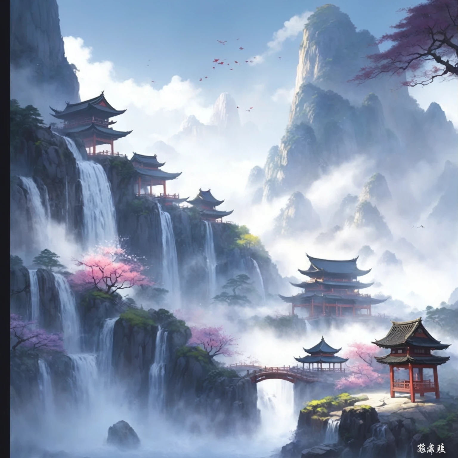 There is a painting，The painting shows a waterfall and a pagoda in the mountains, Ross Chen. Landscape background, by Qu Leilei, Onmyoji detailed art, author：Yang J, Traditional Japanese concept art, Chinese Fantasy, Anime Landscape, Landscape Artwork, g liulian art style, anime background technology, background technology, A beautiful artistic illustration, 美丽的Anime Landscape