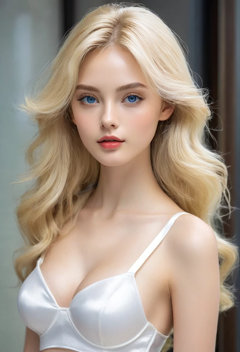 (((European Caucasian Woman)))、(((Mary, 18 years old)))、one person、(Thin contours、blue Eye:1.3)、(Thin contours)、(Big Breasts)、Narrow waist、(((White and translucent skin:1.3)))、Beautiful, shiny blonde medium-long hair、8-head-tall model style、Waist-down angle、Tokyo city、