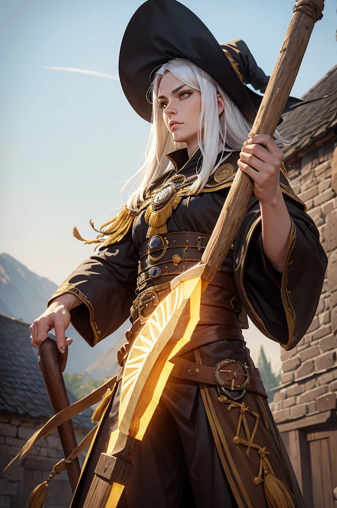 Man, 30 years,white hair, Yellow brown eyes, warrior witch costume, Imposing, two meters, Village background.