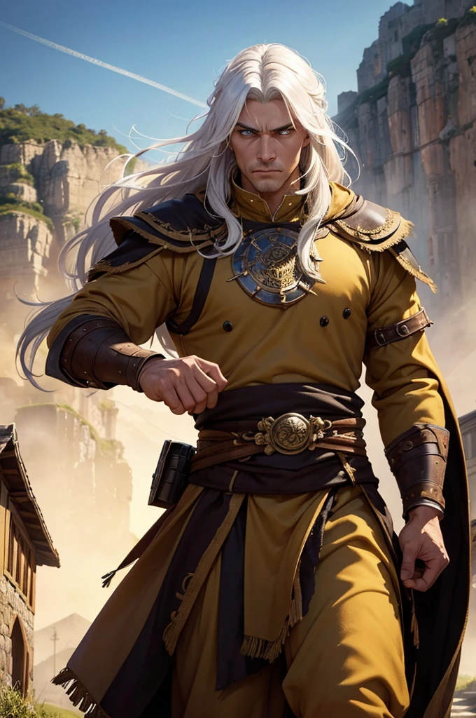 Man, 30 years,white hair, Yellow brown eyes, warrior witch costume, Imposing, two meters, Village background.