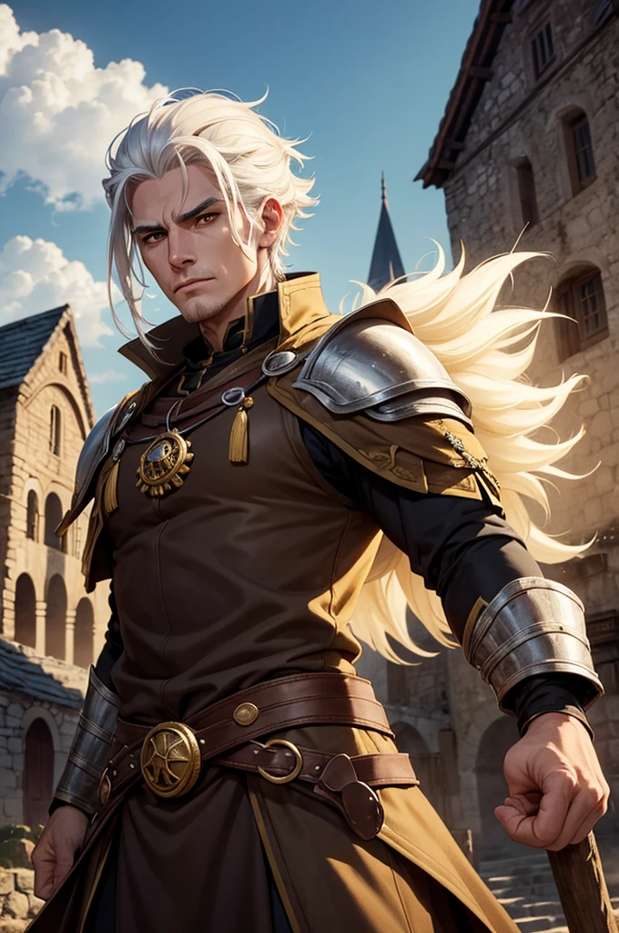 Man, 30 years,white hair, Yellow brown eyes, warrior witch costume, Imposing, two meters, Village background.