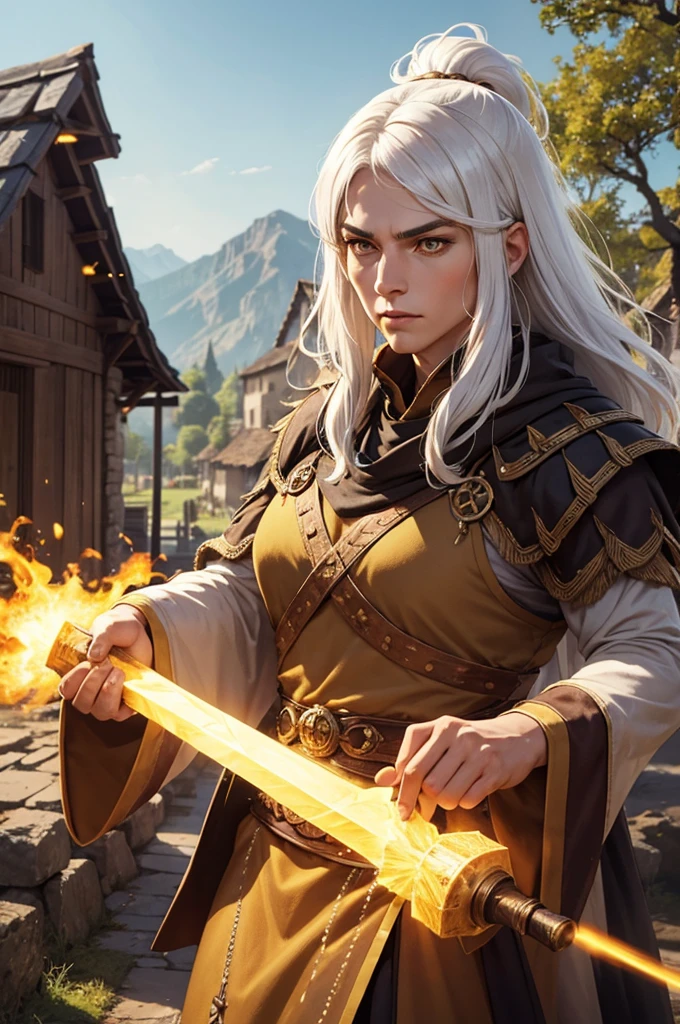 Man, 30 years,white hair, Yellow brown eyes, warrior witch costume, Imposing, two meters, Village background.