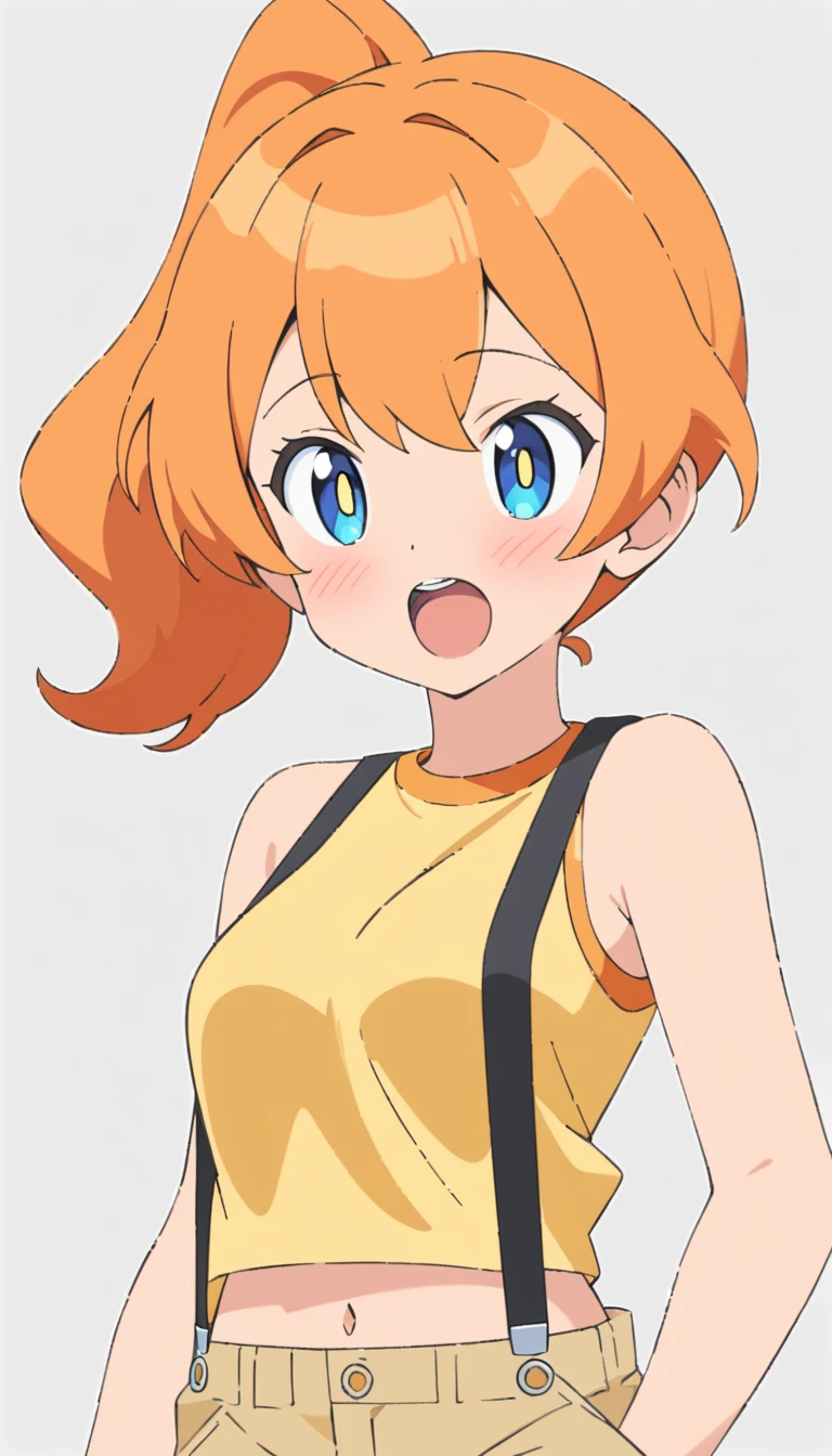 score_9, score_8_up, score_7_up, score_6_up, score_5_up, zPDXL2, max detail, 4k wallpaper, masterpiece, best quality, absurdres, highres,  source_anime, PokemonStyle, pokemon \(anime\),flat color,
1girl, solo, misty (pokemon), open mouth, orange hair, blue eyes, upper body, suspenders, side ponytail, breasts, teeth, blush, outline, shirt, short hair, yellow shirt,navel,shorts,white background, simple background, sleeveless, bangs, looking to the front, upper teeth only, bright pupils, bare shoulders, sleeveless shirt,  tongue
