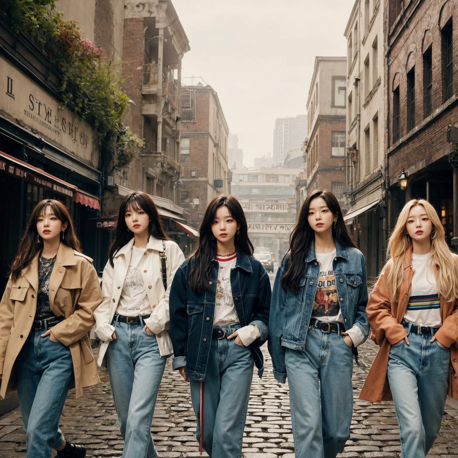 shows five Korean female band members walking confidently down a cobblestone street in casual, stylish outfits with jackets, shirts, and jeans. The backdrop is a vintage urban setting with buildings and greenery. blending modern style with a cool urban vibe.