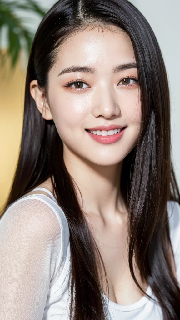 a 22-year-old girl, beautiful detailed grey eyes, pale white skin, slim figure, smiling, long black hair, fashionable, ultra-realistic professional camera photo, (best quality,4k,8k,highres,masterpiece:1.2),ultra-detailed,(realistic,photorealistic,photo-realistic:1.37),portrait,natural lighting,warm color tones,cinematic