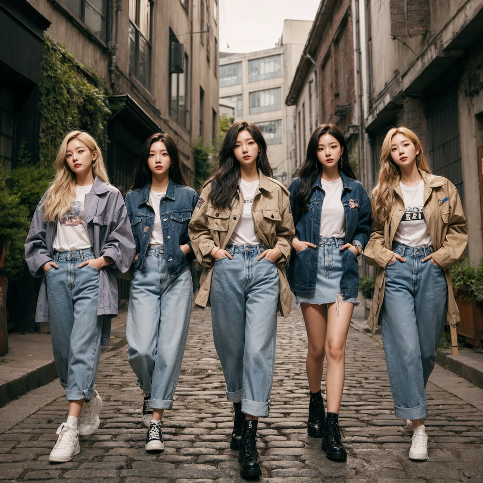 shows five Korean female band members walking confidently down a cobblestone street in casual, stylish outfits with jackets, shirts, and jeans. The backdrop is a vintage urban setting with buildings and greenery. blending modern style with a cool urban vibe.