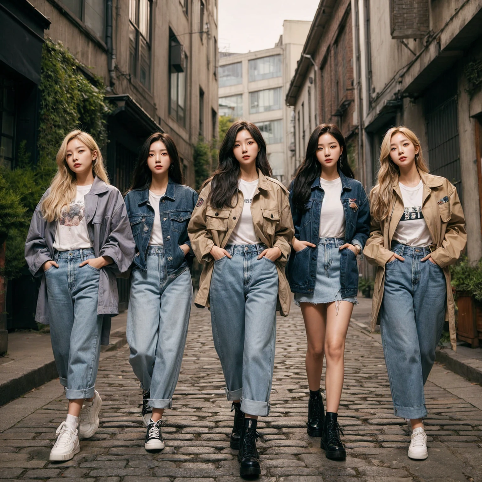 shows five Korean female band members walking confidently down a cobblestone street in casual, stylish outfits with jackets, shirts, and jeans. The backdrop is a vintage urban setting with buildings and greenery. blending modern style with a cool urban vibe.