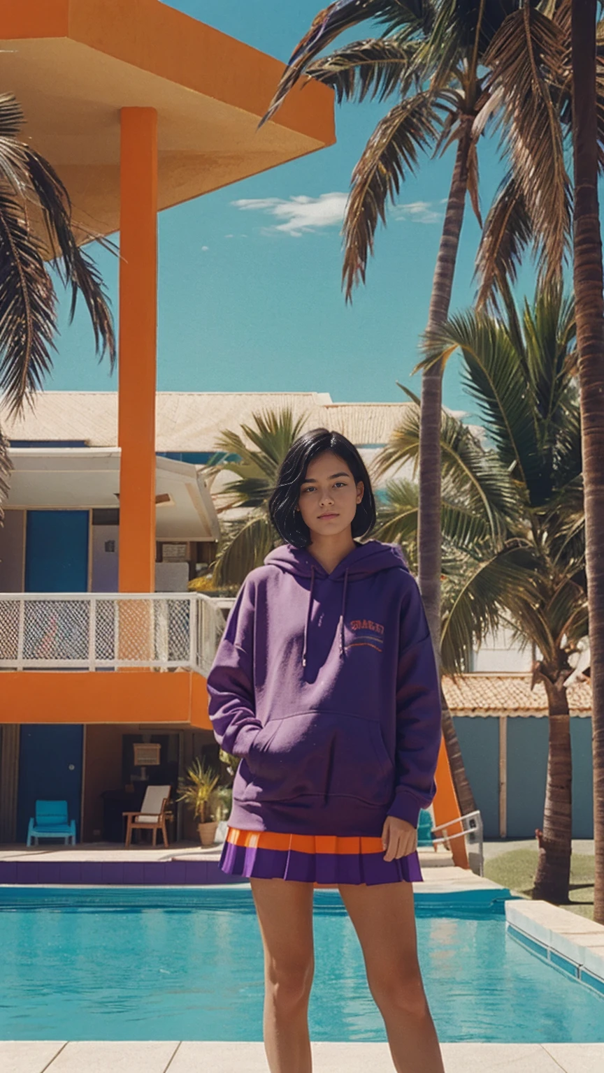 long shot portrait of cute 23 yo girl ,wear ((orange color oversized_hoodie)), wear ((purple tennis skirt)),looking front,Best Quality,Masterpiece,Ultra High Resolution,(Realisticity:1.4),Original Photo, 1Girl, light leak,ultra high resolution,UHD,beautiful, (black bob hair), almond eye, no makeup, in front of (80's mondrian architecture motel), (realistic:1.2), (surreal:1.3), (very detailed:1.1), ((masterpiece)),summer, blue sky, palm trees,sunny, los angles vibes,film camera, 800mm lens,style of Philip Lorca diCorcia