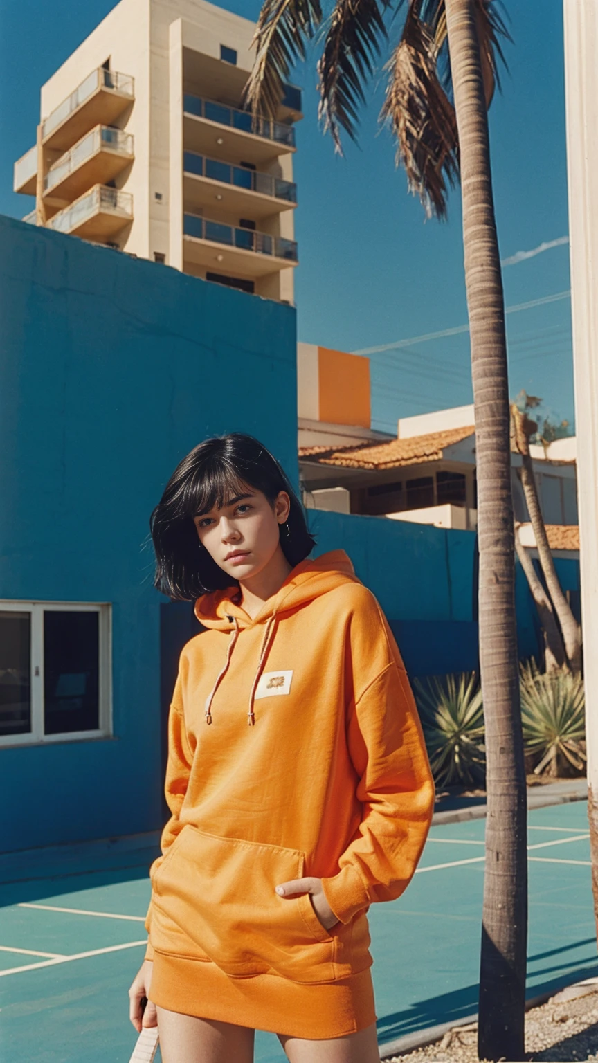 long shot portrait of cute 23 yo girl ,wear ((orange color oversized_hoodie)), wear ((purple tennis skirt)),looking front,Best Quality,Masterpiece,Ultra High Resolution,(Realisticity:1.4),Original Photo, 1Girl, light leak,ultra high resolution,UHD,beautiful, (black bob hair), almond eye, no makeup, in front of (80's mondrian architecture motel), (realistic:1.2), (surreal:1.3), (very detailed:1.1), ((masterpiece)),summer, blue sky, palm trees,sunny, los angles vibes,film camera, 800mm lens,style of Philip Lorca diCorcia