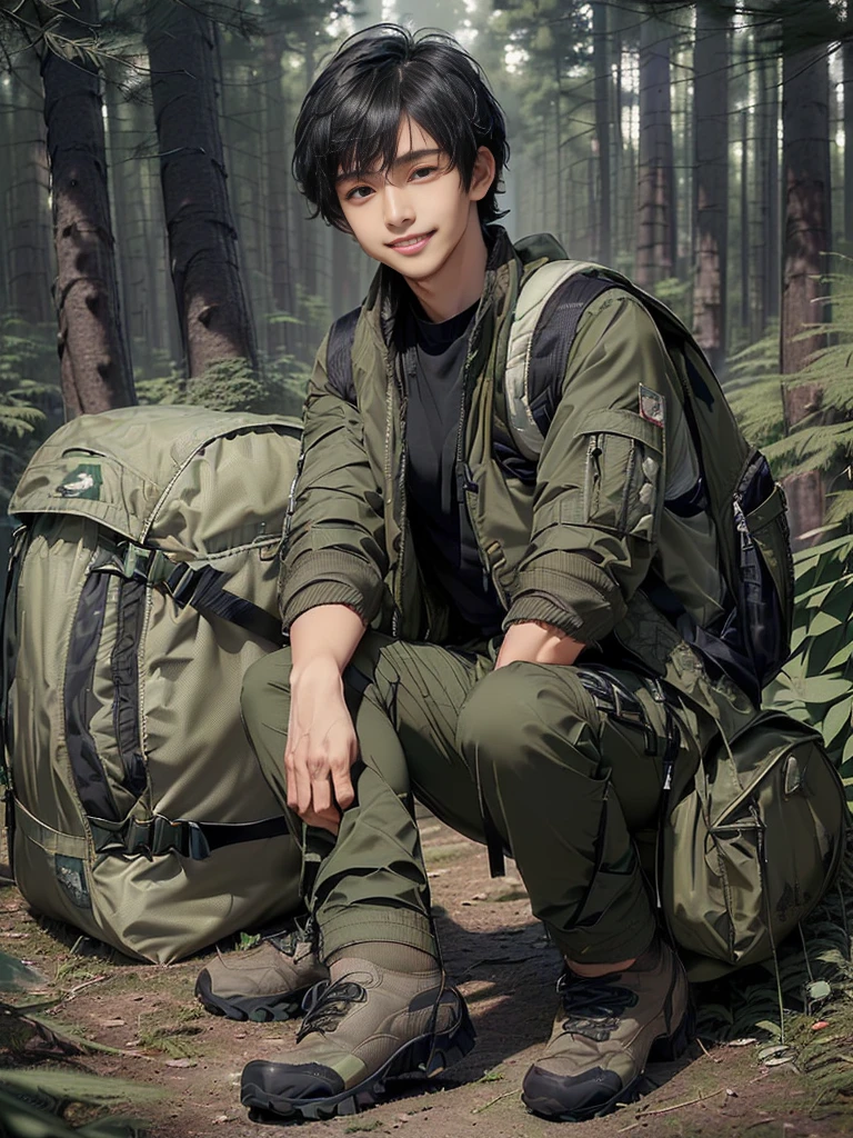 (((Masterpiece))), (high quality), one Japanese boy, 18 years old,(tall and thin,sleepy droopy eyes, long face, (thin cheeks:1.2),(black shaggy short hair,blank expression,smile:1.5),(Trekking wear,khaki outdoor jacket,Olive cargo pants,Black trekking shoes,Black Rucksack,Full body portrait:1.5),(The background is the forest:1.5),