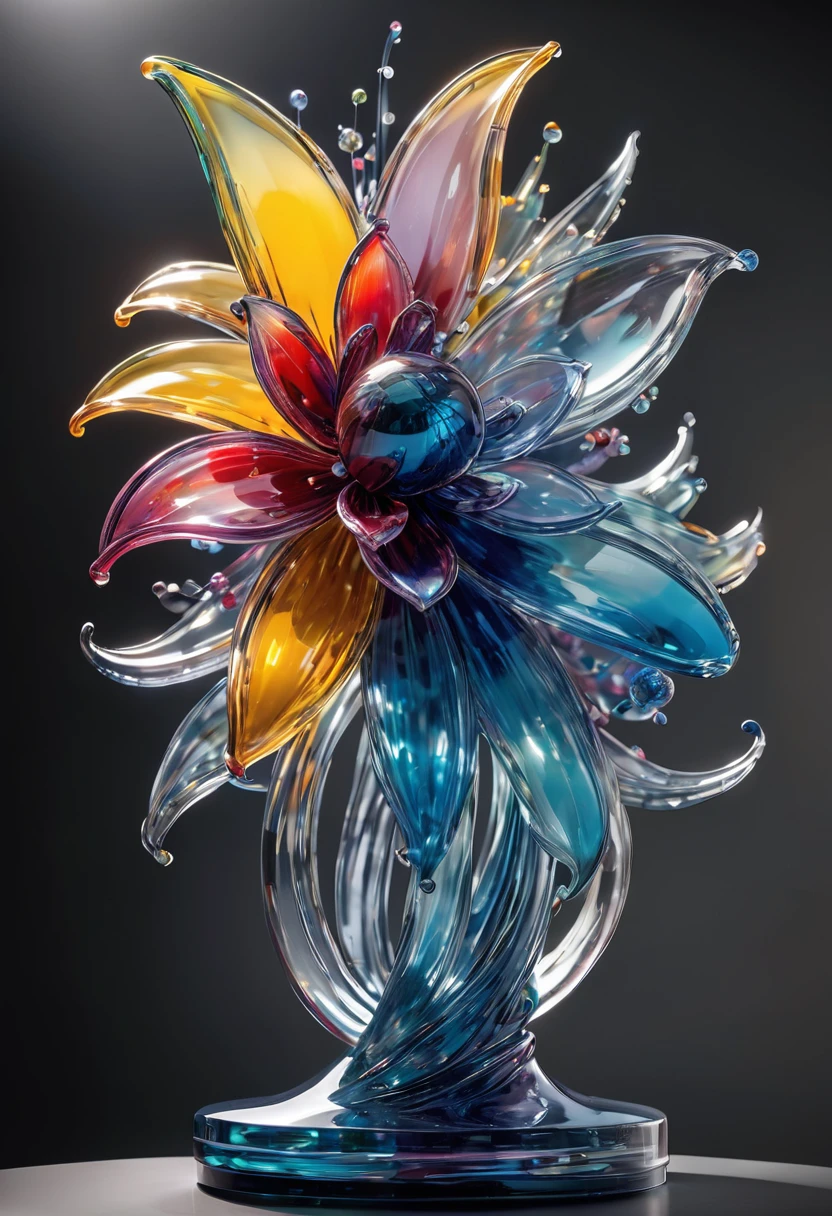 A hydraulic glass sculpture, intricate glass artwork, glass art, futuristic glass sculpture, abstract glass sculpture, glass art installation, highly detailed glass sculpture, photorealistic glass sculpture, (best quality, 4k, 8k, highres, masterpiece:1.2), ultra-detailed, (realistic, photorealistic, photo-realistic:1.37), studio lighting, extreme detail description, professional, vivid colors, bokeh, concept art