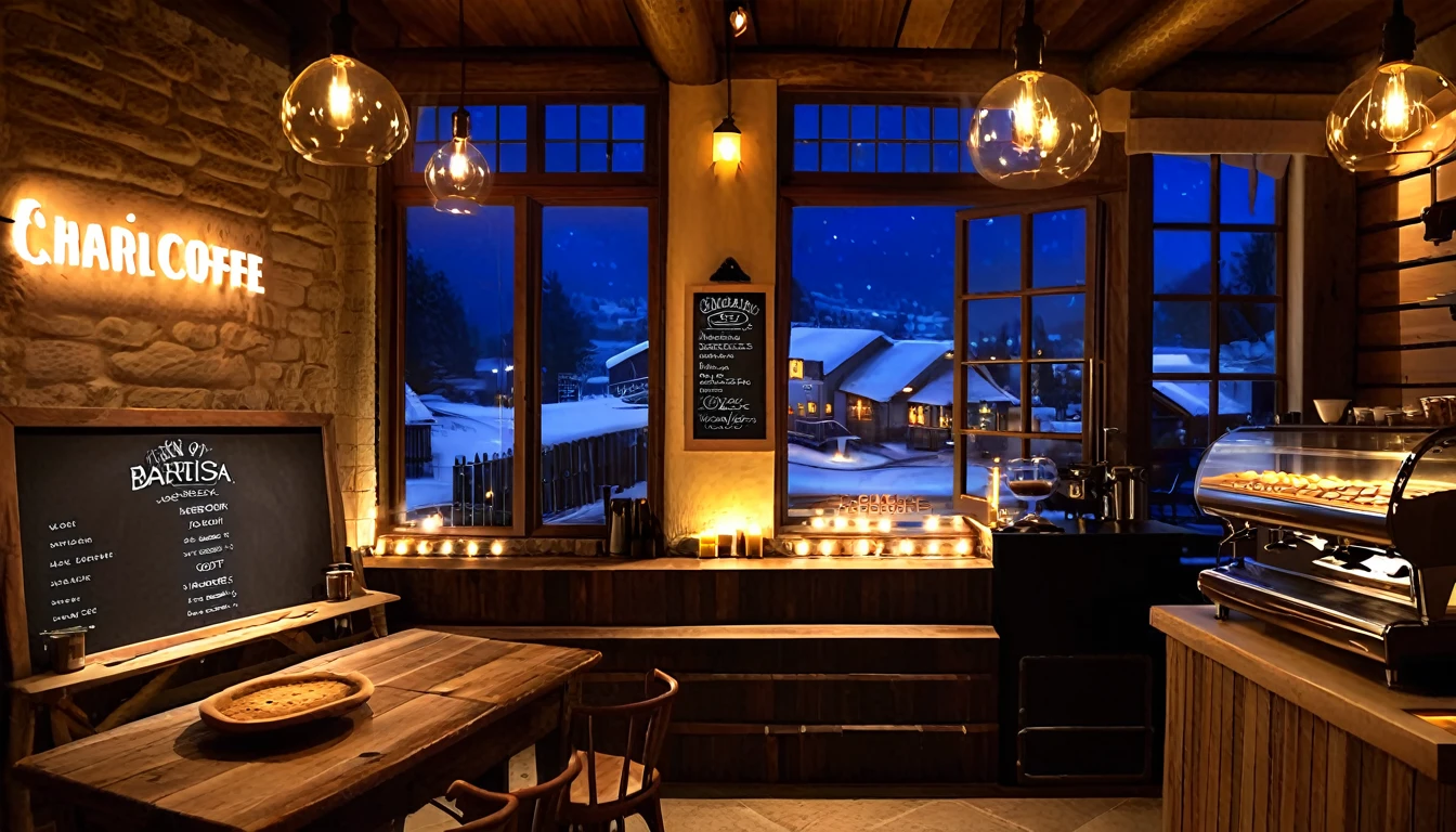 Create an image of a cozy coffee shoop with rustic interior with a roaring fireplace,one and only one chalk board coffee menu,one and only one barista table with barista tool on the barista table,food and coffe cup on the guest table,with and large windows offering a stunning view of a village at night. and be filled with warm lighting to contrast the cold, twinkling lights outside.