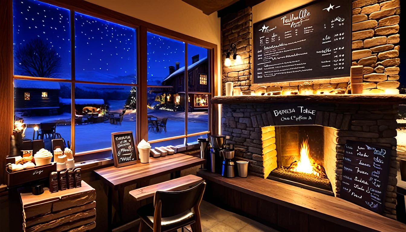 Create an image of a cozy coffee shoop with rustic interior with a roaring fireplace,one and only one chalk board coffee menu,one and only one barista table with barista tool on the barista table,food and coffe cup on the guest table,with and large windows offering a stunning view of a village at night. and be filled with warm lighting to contrast the cold, twinkling lights outside.