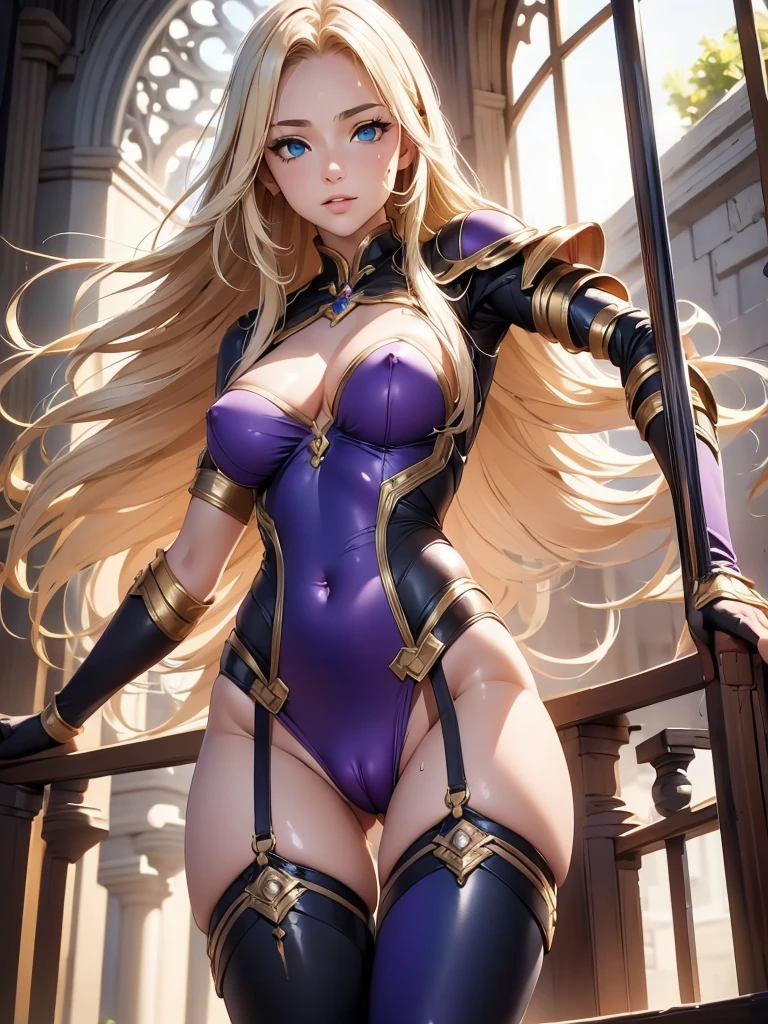 nsfw,panty shot,Master piece,best quality,ultra-detailed,valkyrie,very long hair,blonde hair,(1 girl),beautiful girl,beautiful mature face, ((cameltoe)),garter belt,seductive young woman,female focus,beautiful breasts,full body,(perfect body),standing, ((red and purple cyber suit)),miniskirt,((see through)),underboob, (blonde single braid),big bright green eyes, glowing eyes, (beautiful detailed eyes), cute,cool,pale skin,lips, (holding ornate longsword),fantasy cathedral, seductive and confident smile,(aroused),black Choker with chains,sweat,stand,open legs,fighting stance,open mouth,blending sci-fi and fantasy elements,(hair, realistic:1)