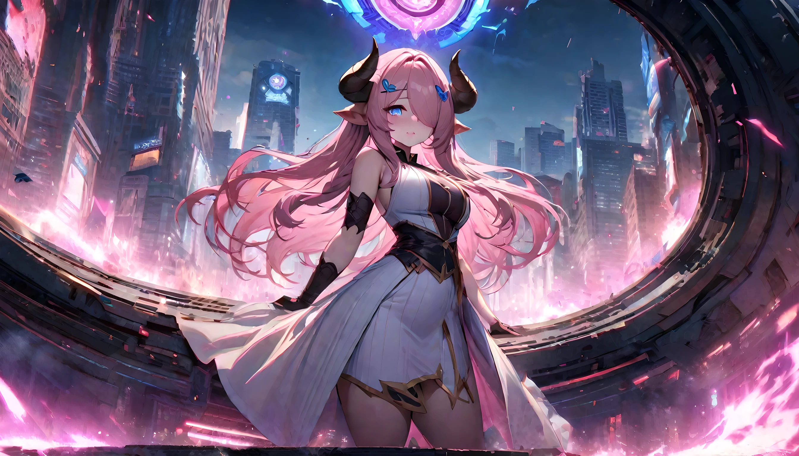 Narmaya has just stepped through a portal from her fantasy world into modern America. She stands in awe of the city buildings around her as the portal behind her closes. She's is wearing her traditional white outfit. In the background The magical glowing portal and city skyline are visible. The image is life-like and semi-realistic. Extreme detail has been put into the shading. Extensive detail has been put into making Narmaya the focal point and making her features clear and detailed. It's a masterpiece of fantasy art. (masterpiece), best quality, expressive eyes, perfect face, portal, American city, sky scrapers, seductive, fantasy, 8k, absurdres, narmaya, pink hair, blue eye with pink pupil, hair over eye, draph, horns, butterfly hair clip,