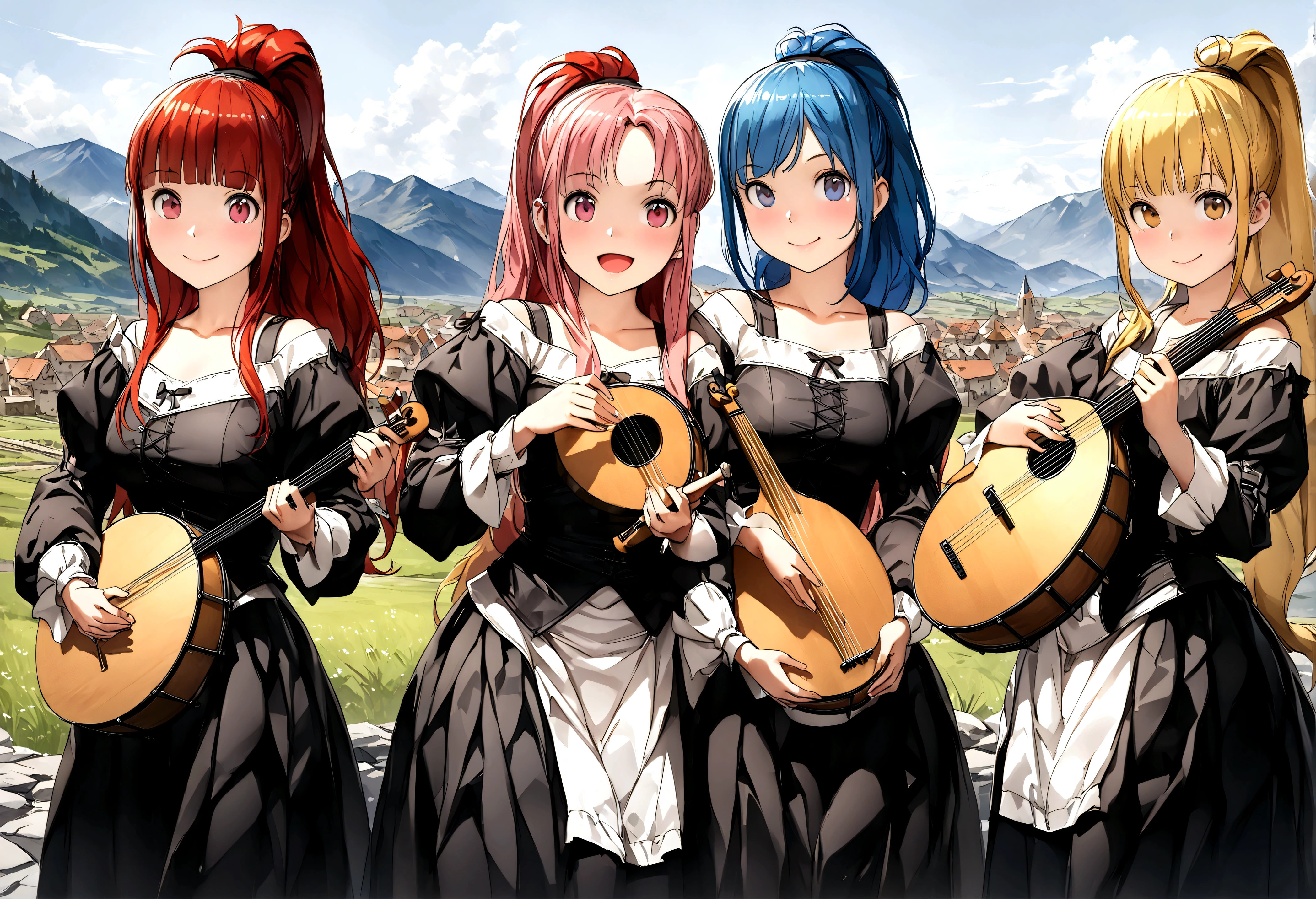 (((Top quality, 4k, 8k, high resolution, masterpiece: 1.2))), (super detailed), (realistic), (photorealistic), (photorealistic: 1.37), (HDR, UHD), (studio (lighting)), ultra-fine drawing, sharp focus, physically based rendering, highly detailed, professional, vibrant colors, perfect ditaile hand, highly detailed realistic eyes, girl, one girl, multiple girls, A lot of girls,  smile, open mouth, close mouth, short hair, medium hair, medium length, long hair, ponytail, red hair, blue hair, blonde hair, green hair, pink hair, medieval European clothing, Citizen's Clothing from Medieval Europe, miniskirt, mid-length skirt, long skirt, chinos pants, (((playing the lute))), (((playing the drums))), Medieval European town, Countryside, Medieval European rural village, Rural grassland, Mountain view, Rural river, Irrigation canal, anime, cartoon, kawaii, qute, (((Long shot, Panorama, Distant view, Vast landscape))), knees, feet,  looking at viewer, 