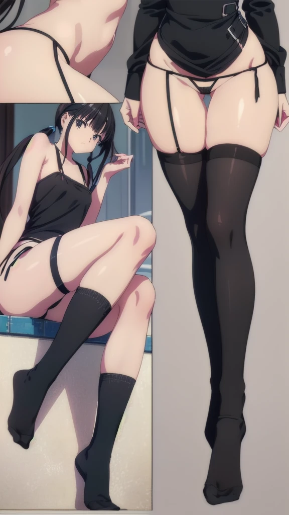 (((Pixel Perfect, Perfect detail))), alone, 1 girl, takina inoue, Looking at the audience, Shut your mouth, sitting ,full Body(she wears only thigh-high socks:1.5)(NSFW:1.5)(black micro string thong:1.5)((twintails hair)(narrow waist:1.4)