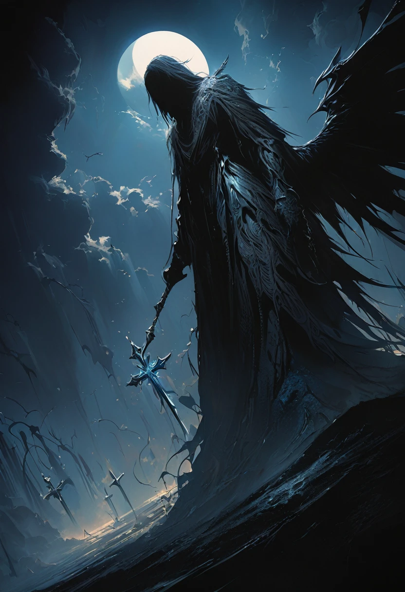 (masterpiece, best quality: 1.2), Underground Angel, Folding wings, Holding a blue silver cross, moonlight, heavily clouded, Dark fantasy illustration style, Dark Arts, High contrast, Dark Shadows, Atmospheric perspective , Melancholic colors, Composition, Volumetric Lighting, number, Brushstrokes, Dramatic Lighting, Low Angle, Surrealism, Very detailed, Surrealism