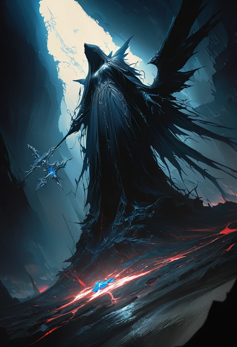 (masterpiece, best quality: 1.2), Underground Angel, Folding wings, Holding a blue silver cross, moonlight, heavily clouded, Dark fantasy illustration style, Dark Arts, High contrast, Dark Shadows, Atmospheric perspective , Melancholic colors, Composition, Volumetric Lighting, number, Brushstrokes, Dramatic Lighting, Low Angle, Surrealism, Very detailed, Surrealism