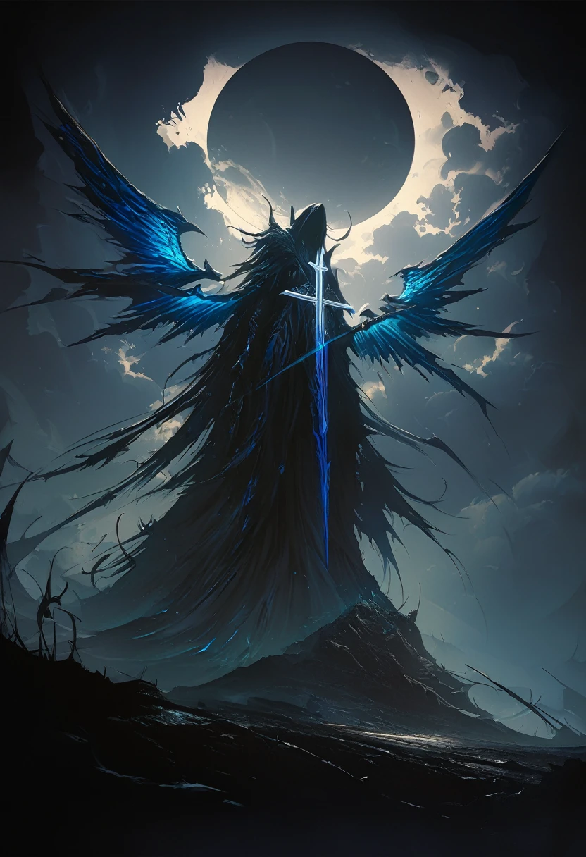 (masterpiece, best quality: 1.2), Underground Angel, Folding wings, Holding a blue silver cross, moonlight, heavily clouded, Dark fantasy illustration style, Dark Arts, High contrast, Dark Shadows, Atmospheric perspective , Melancholic colors, Composition, Volumetric Lighting, number, Brushstrokes, Dramatic Lighting, Low Angle, Surrealism, Very detailed, Surrealism