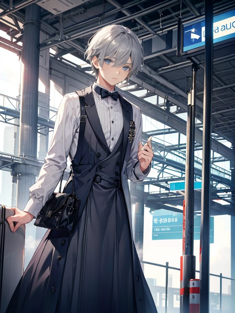 1boy, ((grey hair)), beautiful boy, ((indigo color eyes)), idol costume, dress, airport