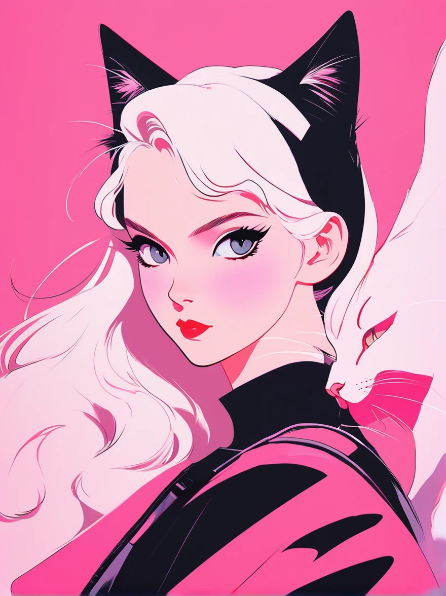 Anime girl with white cat on a pink background, Goth Cat Girl Portrait, Catwoman, Anime-style illustrations, Anime style 4K, Anime style portrait, Ilya Kuvshinov&#39;s sty. 4K, Catwoman, Artyom and Ilya Kuvshinov, Emo girl and her , Beautiful anime cat girl, Anime Style, Anime Style. 8K