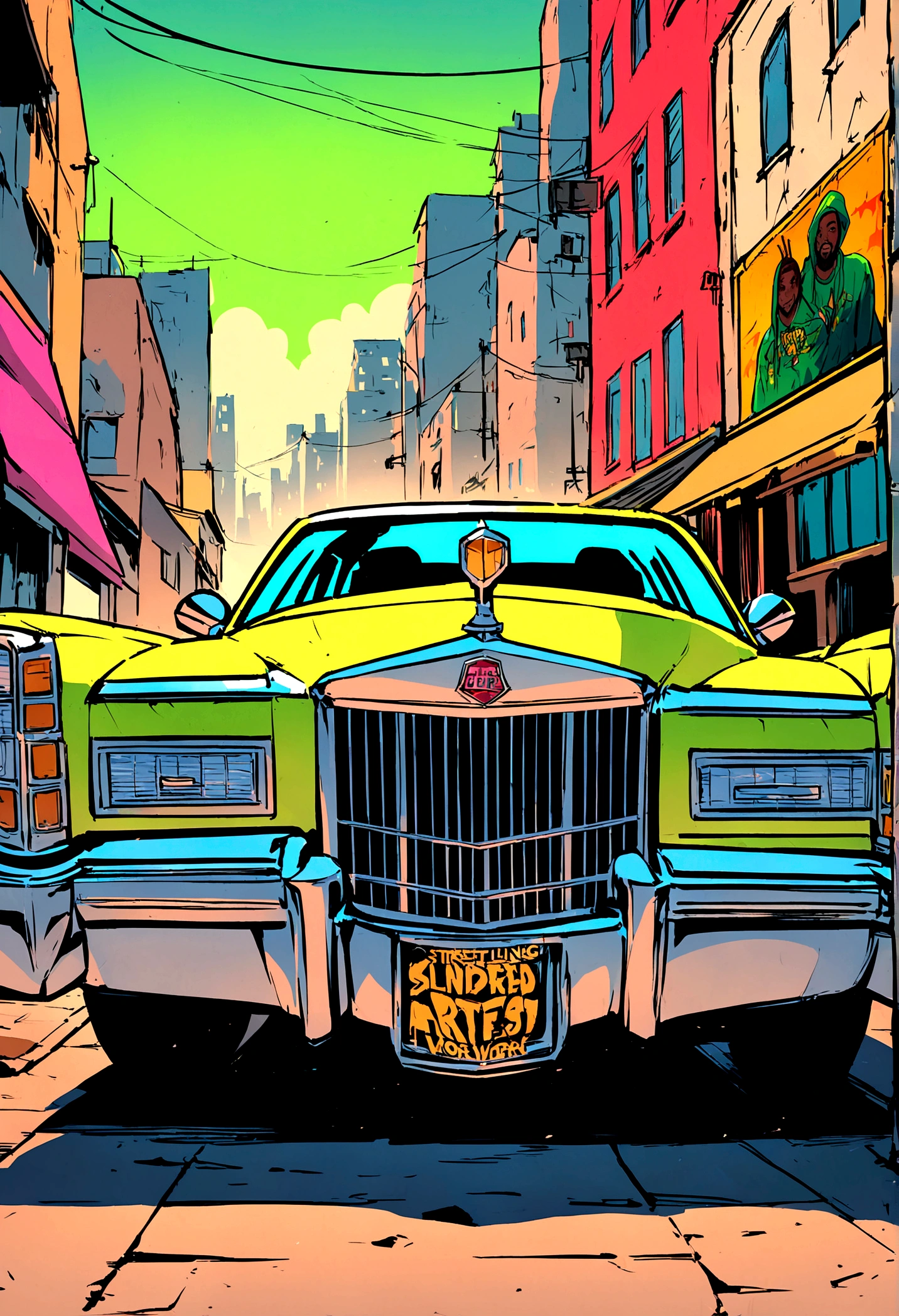 プロンプト Txt2Img rapper Kendrick Lamar character,front of lowrider Cadillac, street setting, bustling city backdrop, grand theft auto artworkflavor illustration detailed linework, bold colors, hip-hop culture vibes, energetic atmosphere, urban art style, digital illustration of inoue slumdank manga style, lively and expressive, artistically stylized, dramatic lighting effects, Artstation.