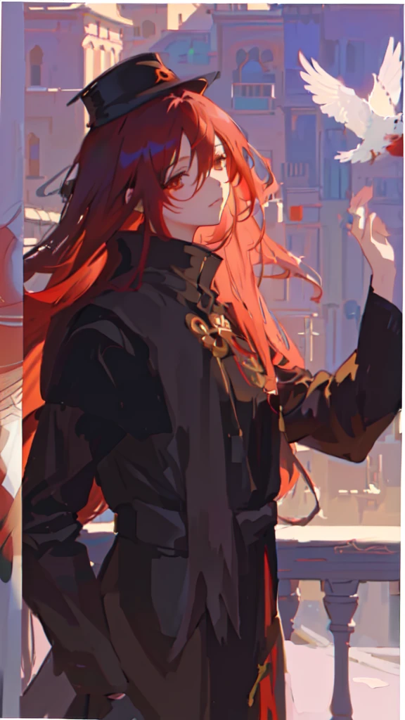 anime girl with long red hair and hat holding a bird, artwork in the style of guweiz, painted in anime painter studio, ilya kuvshinov with long hair, guweiz, made with anime painter studio, artgerm and atey ghailan, beautiful anime portrait, anime girl with long hair, beautiful character painting, loish art style