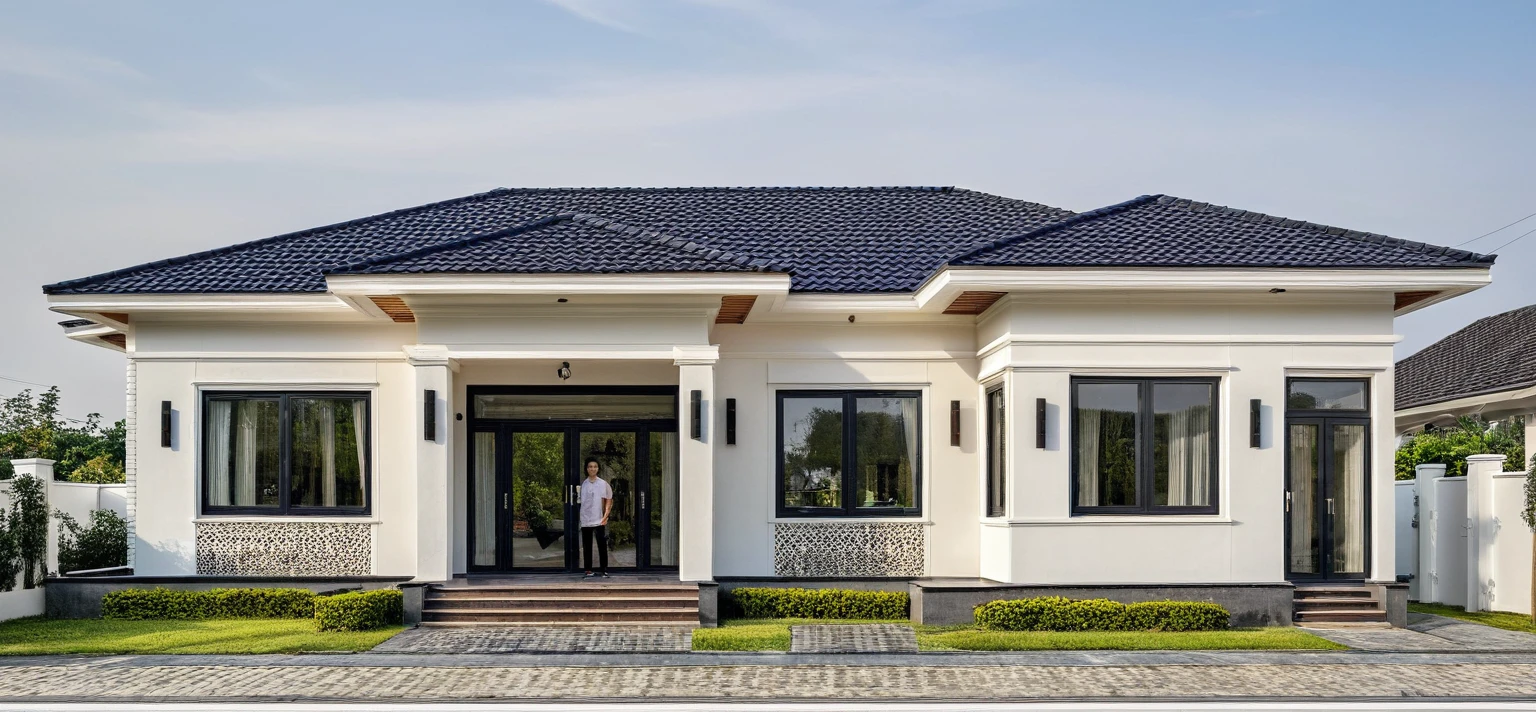 (masterpiece:1.2), best quality, photo of A two-story modern house in VietNam with white walls and dark tiles on the roof., tree and plant environment,daylight, streetcapes, natural light, vivid color, The exterior of an elegant single family home features large windows, a dark gray door frame.