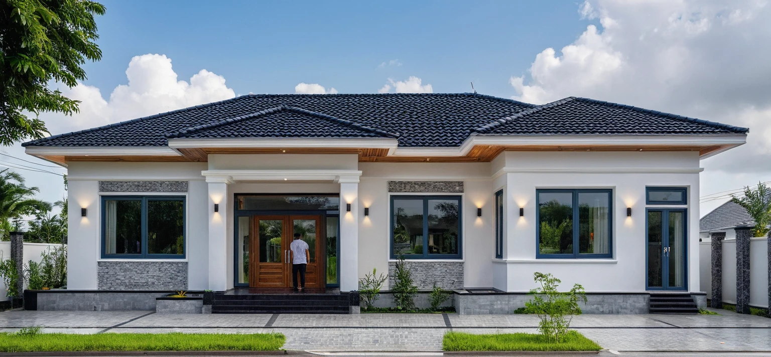 (masterpiece:1.2), best quality, photo of A two-story modern house in VietNam with white walls and dark tiles on the roof., tree and plant environment,daylight, streetcapes, natural light, vivid color, The exterior of an elegant single family home features large windows, a dark gray door frame.